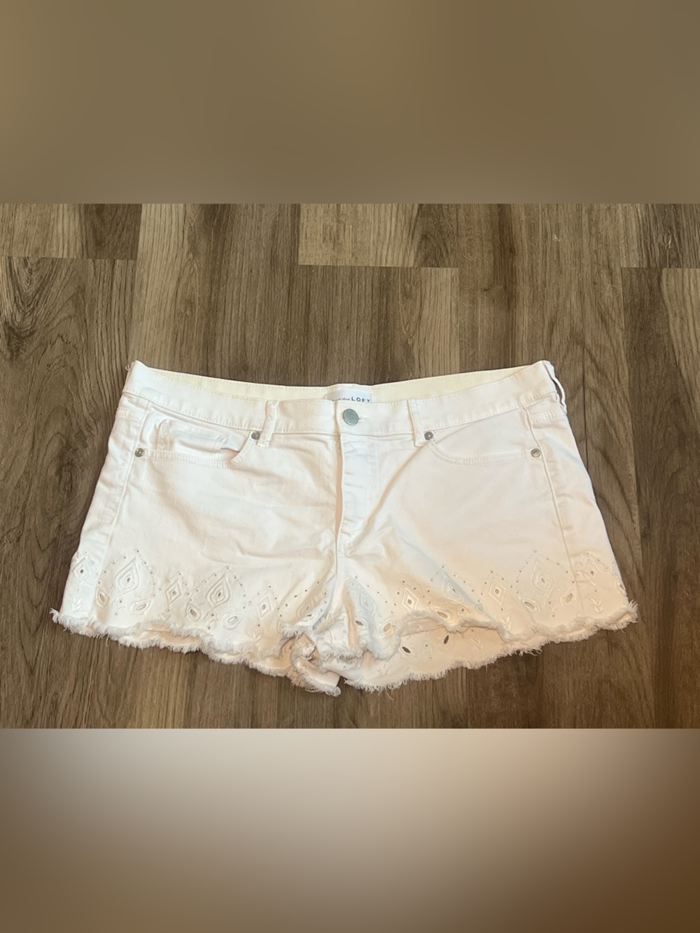 LOFT White Denim Shorts With Embroidered Floral Eyelet Cutouts